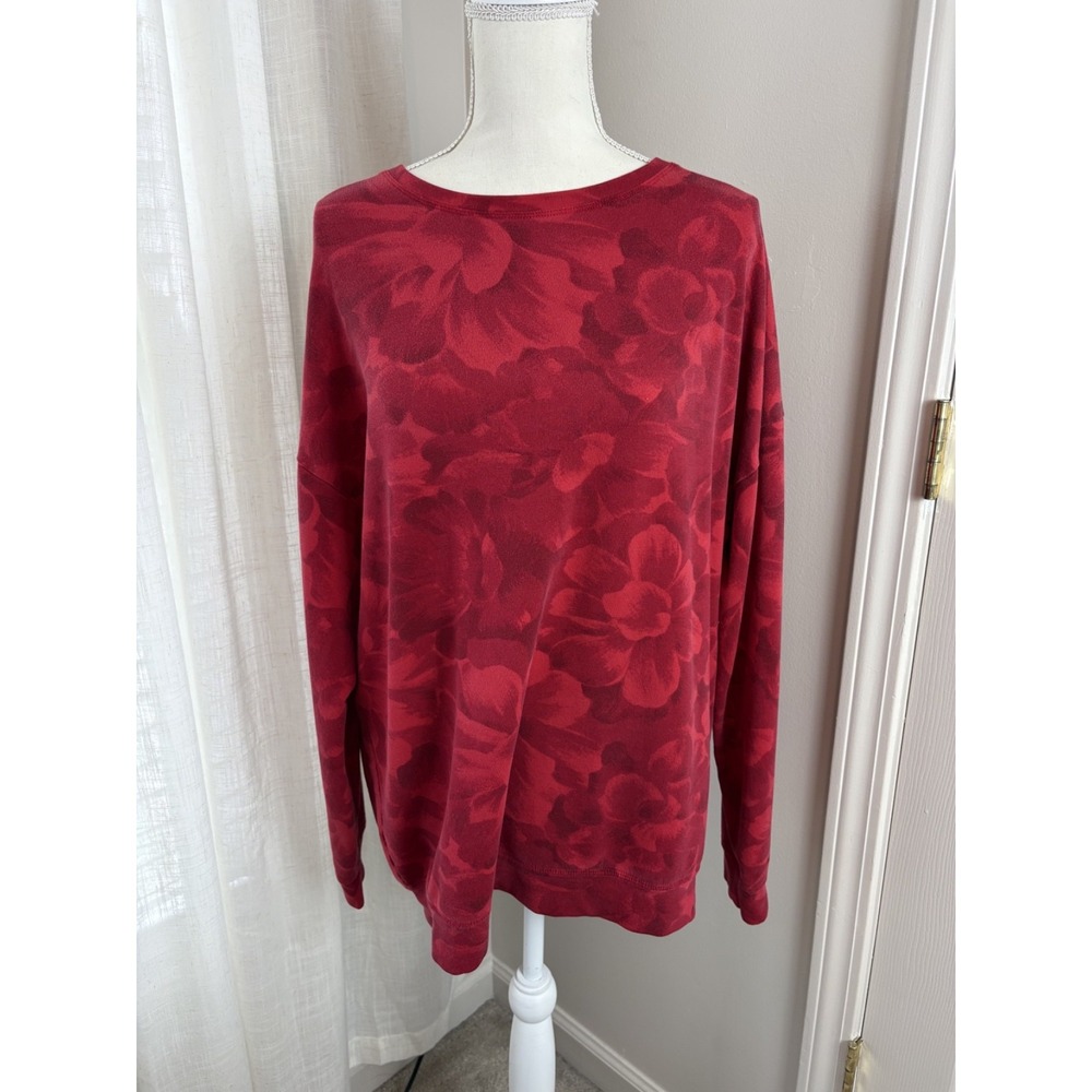 Athleta Balance Printed Pullover Womens M Red Floral Sweatshirt Relaxed Fit